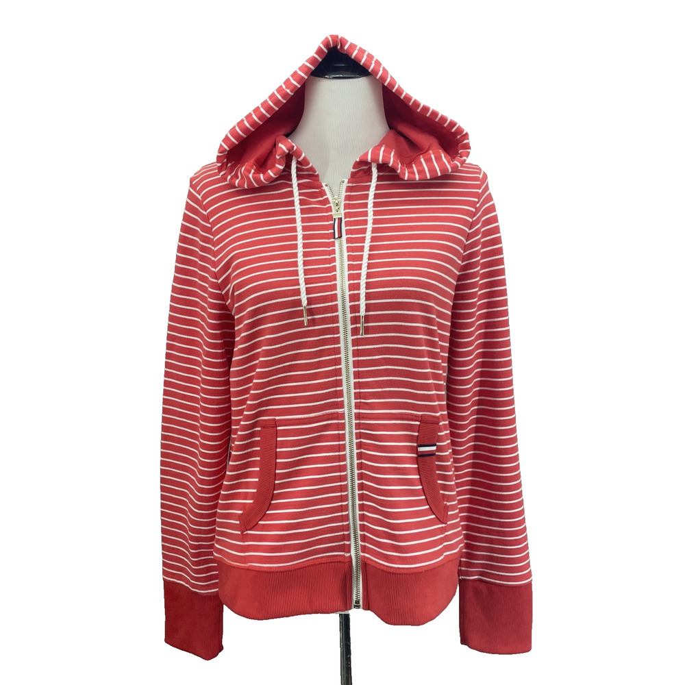 Tommy Hilfiger Womens M Sweater Hoodie Red Orange Striped Full Zip Preppy Casual